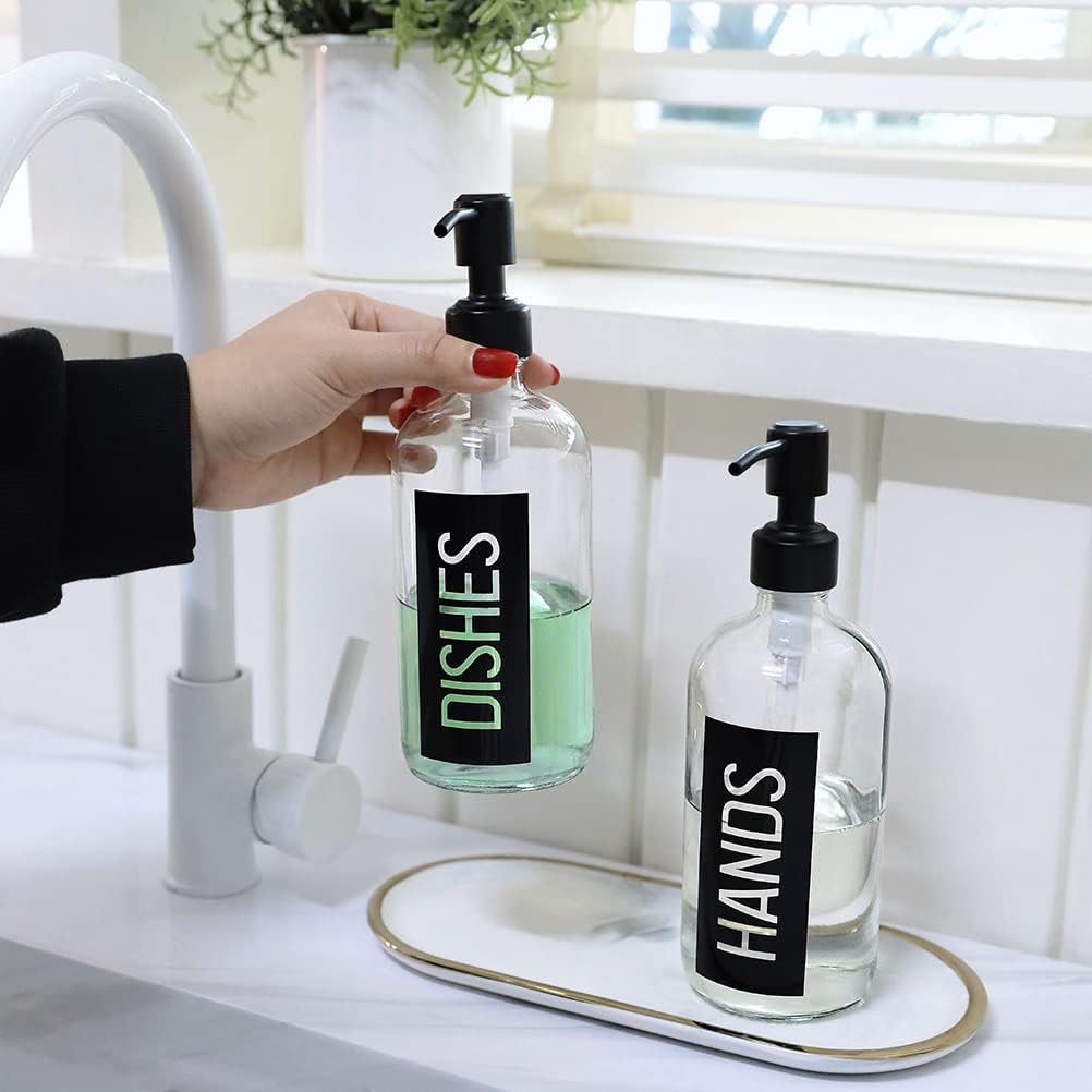 JASAI 2Pack 18OZ Glass Soap Dispenser, Black Stainless Steel Pump, Kitchen Dispenser with Classy Label, Refillable for Dishes