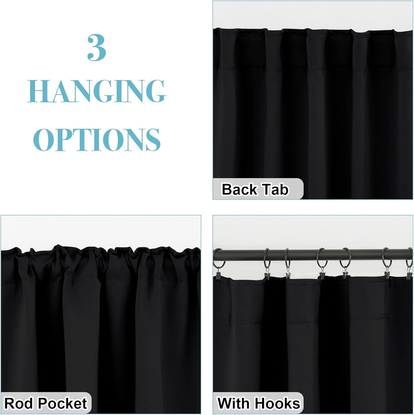 RYB HOME Blackout Curtains Pair - Solid Country Window Decorating Panels Light Block Drapes for Bedroom Kitchen Office Privacy Curtains for Gift, Wide 42 x Long 54 inch, Black, Set of 2