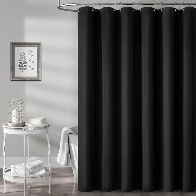 BTTN 84 Inch Wide Shower Curtain - W84xH72 Linen Textured Heavy Duty Fabric Cloth Shower Curtain Set with 14 Plastic Hooks, Large Hotel Simple Waterproof Polyester Bath Curtains for Bathroom - Black