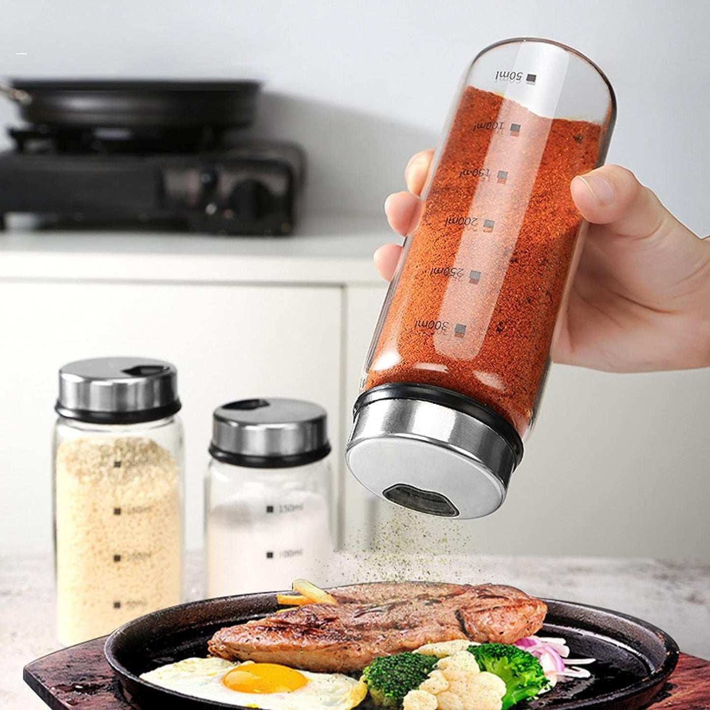 2 Piece 4-Neck Glass Seasoning Shakers with Adjustable Pour Holes - Moisture Resistant, Salt and Pepper Shakers - For Seasoning, Picnics (2 medium jars, 7oz each)