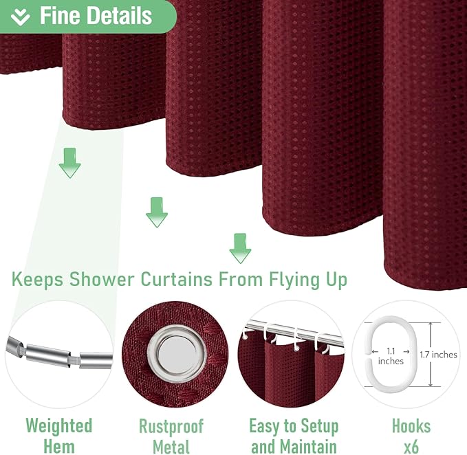 Dynamene Stall Fabric Shower Curtain - 36x72 Waffle Weave Weighted Cloth Shower Curtains for Bathroom, Neutral Heavy Duty Hotel Spa Luxury Bath Curtain Set with 6 Plastic Hooks, Burgundy