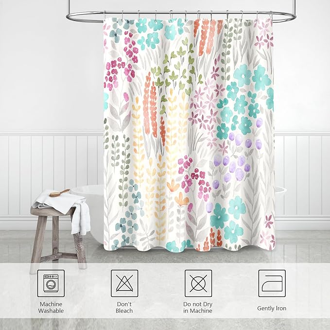 Extra Long Shower Curtain 72 x 84 Inch, Teal Blue Tall Cute Floral Shower Curtain for Bathroom, Turquoise Wildflower Boho Cottagecore Fabric Shower Curtain Set with Hooks