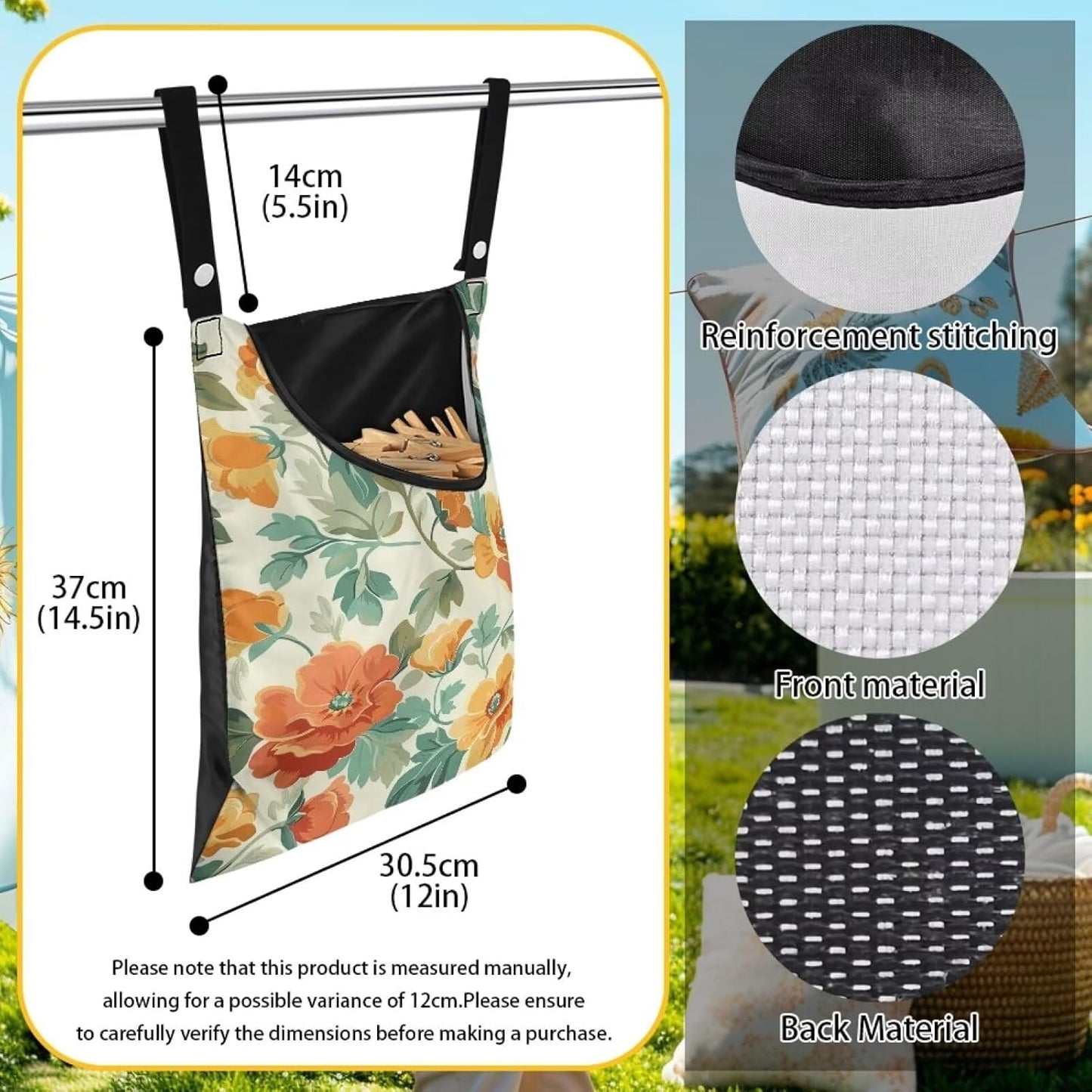 Art Flower Clothespin Bag Clothes Pin Hanging Bag Clothespin Bag with Hanging Hook 12 x 14.6 Inch Laundry Clothes Pin Holder Waterproof Clothes Pin Hanging Bag Clothespin Storage