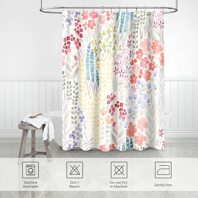 Colorful Floral Shower Curtain 60x72, Cute Boho Flower Fabric Shower Curtains, Funky Watercolor Wildflower Shower Curtain Set, Cottagecore Bohemian Bathroom Decor, Ivory