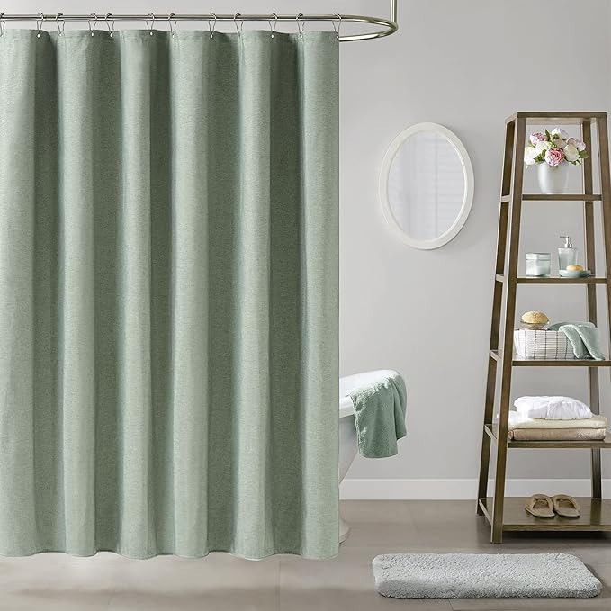 BTTN Fabric Shower Curtain, Linen Textured Heavy Duty Polyester Cloth Shower Curtain Set with Plastic Hooks, Sage Green, 72x96