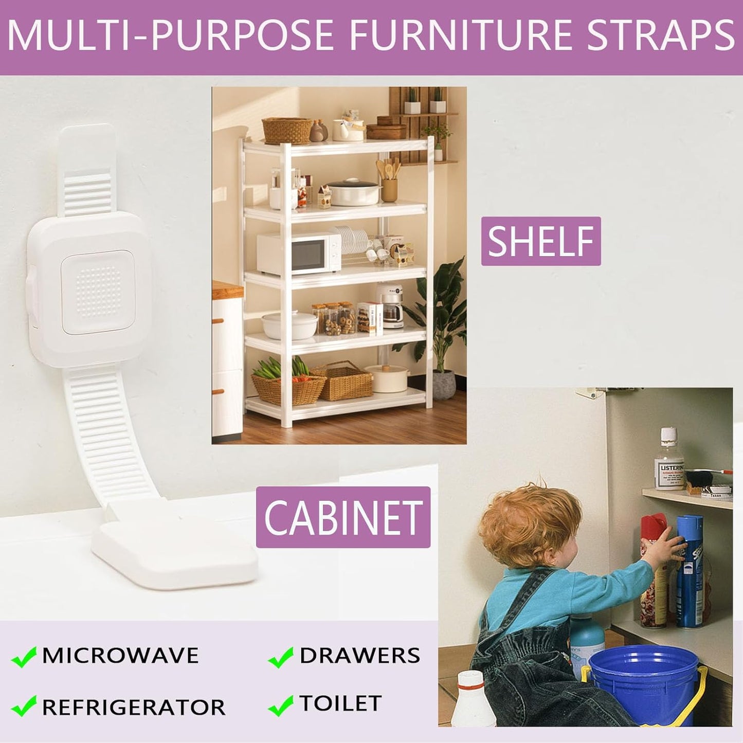 Upgraded No Drill Adhesive Furniture Anchor, Adjustable Anti Tip Furniture Wall Straps for Baby Proofing & Pets, Secure to Playroom, 2Pack