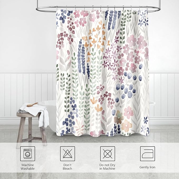 Extra Long Shower Curtain 72 x 84 Inch, Tall Cute Floral Shower Curtain for Bathroom, Mauve Wildflower Boho Cottagecore Fabric Shower Curtain Set with Hooks
