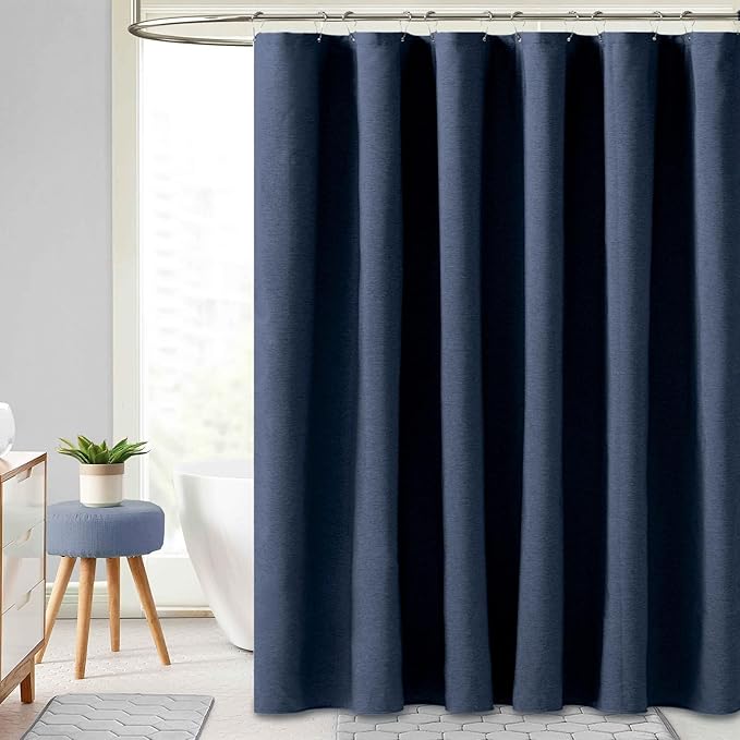 BTTN Stall Fabric Shower Curtain, 54x78 Inch Long Linen Textured Heavy Duty Thick Shower Curtain Set with 10 Plastic Hooks, Hotel Spa Weighted Waterproof Neutral Bath Curtains for Bathroom, Navy Blue
