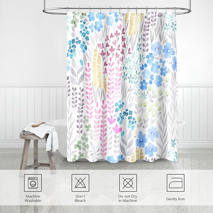 Long Shower Curtain 72 x 78 Inch, Tall Cute Floral Shower Curtain for Bathroom, Blue Pink Yellow Wildflower Boho Cottagecore Fabric Shower Curtain Set with Hooks