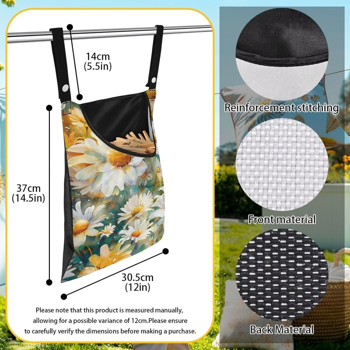 Daisy Clothespin Organizer Bag Shell Beach Clothespin Bags with Hanging Hook Waterproof Clothes Pin Storage Organizer with Large Opening Clothespin Bag for Clothesline Outdoor