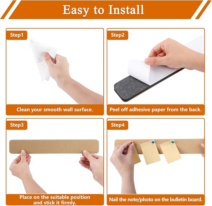 8Pcs Rectangle Felt Cork Board Bar Strips with 35 Pushpins, Self-Adhesive Bulletin Board Strips for Office School Home Wall Decor Stickers Memos Schedules Photos Display -Gradual Purple