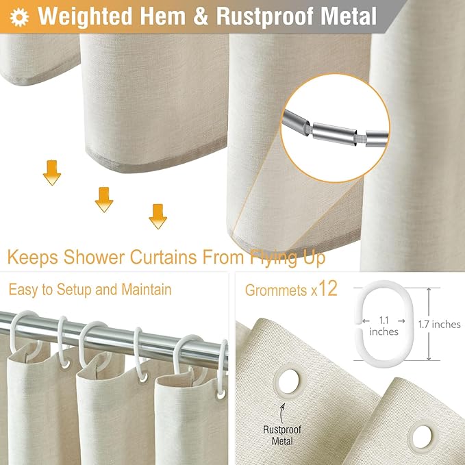 BTTN 96 Inch Extra Long Shower Curtain - Linen Textured Heavy Duty Tall Fabric Shower Curtain Set with 12 Plastic Hook, Large Simple Neutral Cloth Shower Curtains for Bathroom, 72x96 Inch, Light Cream