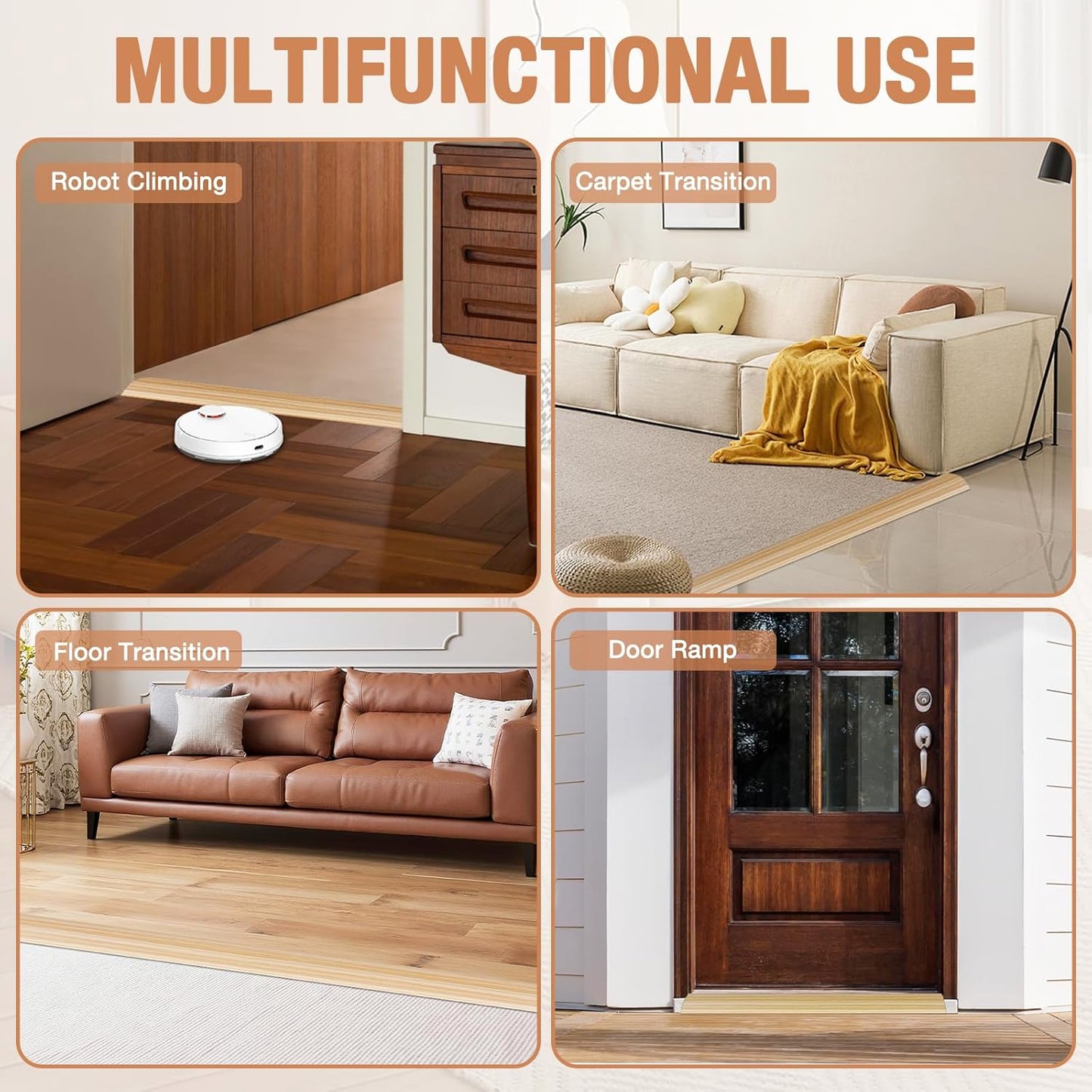 Floor Transition Strip Self Adhesive Vinyl Door Threshold for Doorways Carpet Edging Trim Overlap Edge Reducer for Laminate Floor, Carpet, Tile (Light Yellow Wood Grain, 1/5" to 2/5", 10Ft)