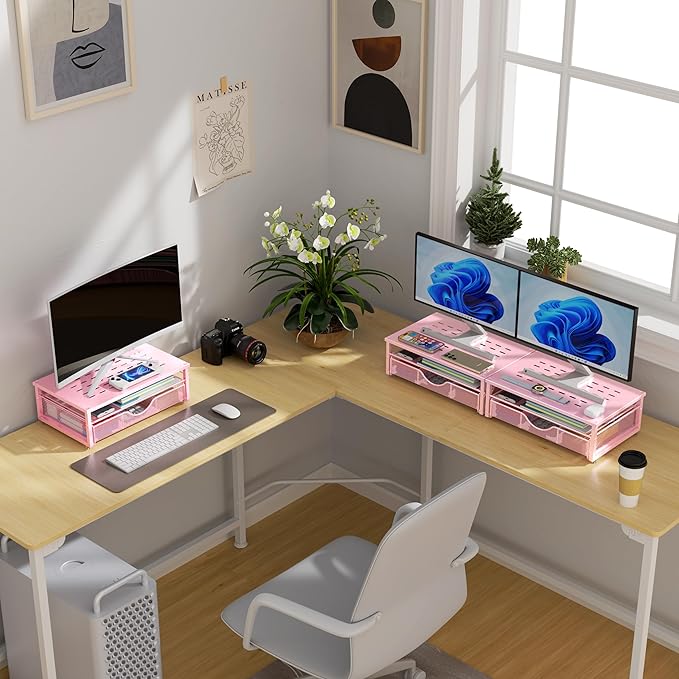 gianotter Computer Monitor Stand Riser, office organizer with Drawer, Office Organizers Storage for Classroom Office Supplies (Pink)