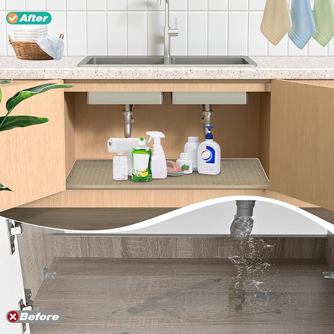 Waterproof Under Sink Mat 34" x 22", Silicone Cabinet Liner, Rubber Protector for Kitchen and Bathroom, Keeps Cabinets Clean, Dry, and Organized (Beige)
