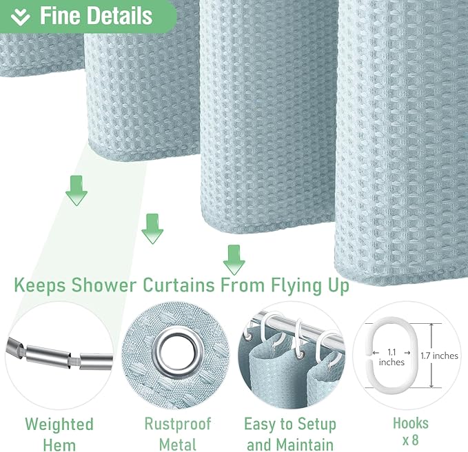 Dynamene Stall Fabric Shower Curtain - 48 inch Wide Waffle Weave Weighted Thick Cloth Shower Curtains for Bathroom, Neutral Heavy Duty Hotel Spa Luxury Bath Curtain Set with 8 Hook, 48x72, Fog Blue