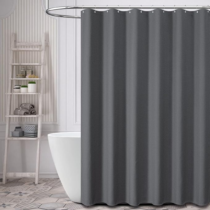 Dynamene Stall Fabric Shower Curtain - 54x78 inch Long Waffle Weave Weighted Thick Cloth Shower Curtains for Bathroom,Heavy Duty Hotel Spa Luxury Bath Curtain Set with 10 Plastic Hooks,Charcoal Grey
