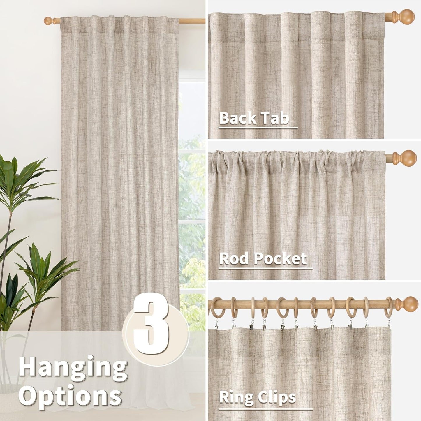 YoungsTex Natural Linen Semi Sheer Curtains 72 Inch Length 2 Panels for Living Room, Light Filtering Drapes Textured with Rod Pocket Back Tab for Bedroom Country Farmhouse, 42 X 72 Inch