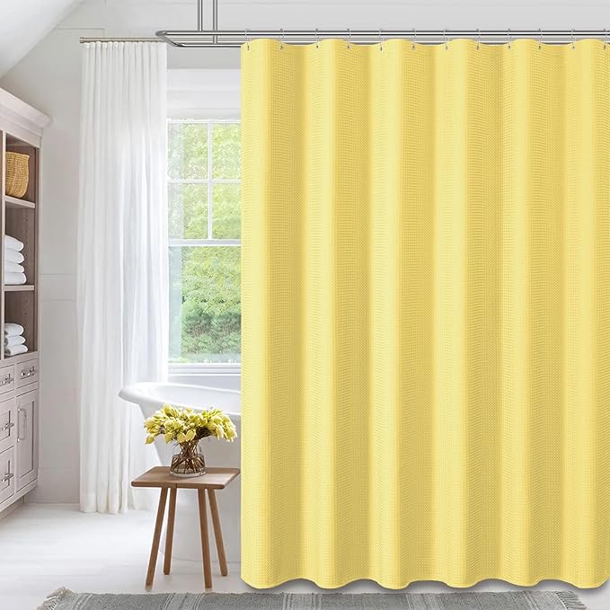 Dynamene Extra Long Shower Curtain - 96 Inch Long Waffle Weave Weighted Thick Cloth Bathroom Shower Curtain, Neutral Heavy Duty Hotel Bath Curtain Set with 12 Plastic Hooks,72x96, Yellow