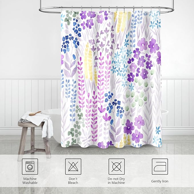 Purple Floral Shower Curtain, Lavender Colorful Boho Flower Fabric Shower Curtain, Cute Funky Watercolor Wildflower Shower Curtain Set, Cottagecore Bohemian Bathroom Decor, 72x72