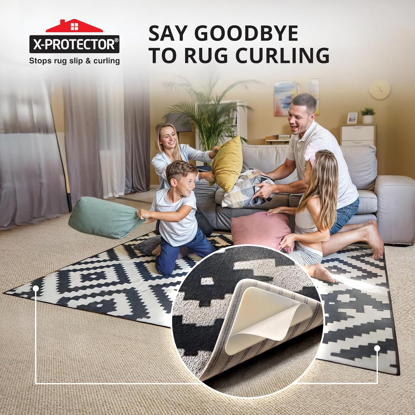 X-Protector Rug Tape for Carpet - 12 Pcs Set - White Anti-Slip & Anti-Curling Carpet Tape for Rugs - Premium Rug Pad Gripper - Ideal Carpet Corner Grippers to Keep Your Rugs & Make Corners Flat