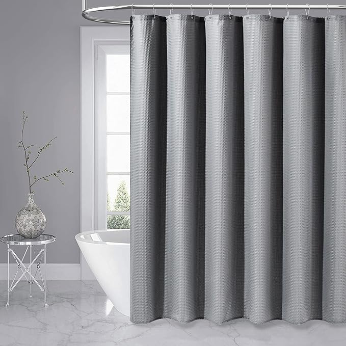 Dynamene Long Fabric Shower Curtain - 78 inch Long Waffle Weave Weighted Cloth Shower Curtains for Bathroom, Neutral Heavy Duty Hotel Spa Luxury Bath Curtain Set with 12 Plastic Hooks,72x78, Grey