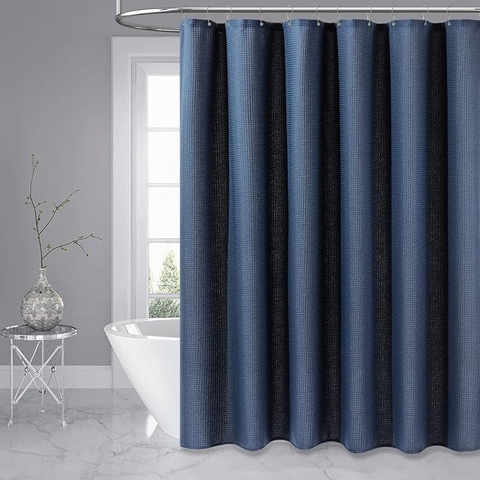 Dynamene Extra Wide Shower Curtain - 180 Inch Wide Waffle Weighted Thick Cloth Bathroom Shower Curtain, Neutral Heavy Duty Hotel Shower Curtain Set with 32 Plastic Hooks,180x72, Navy Blue