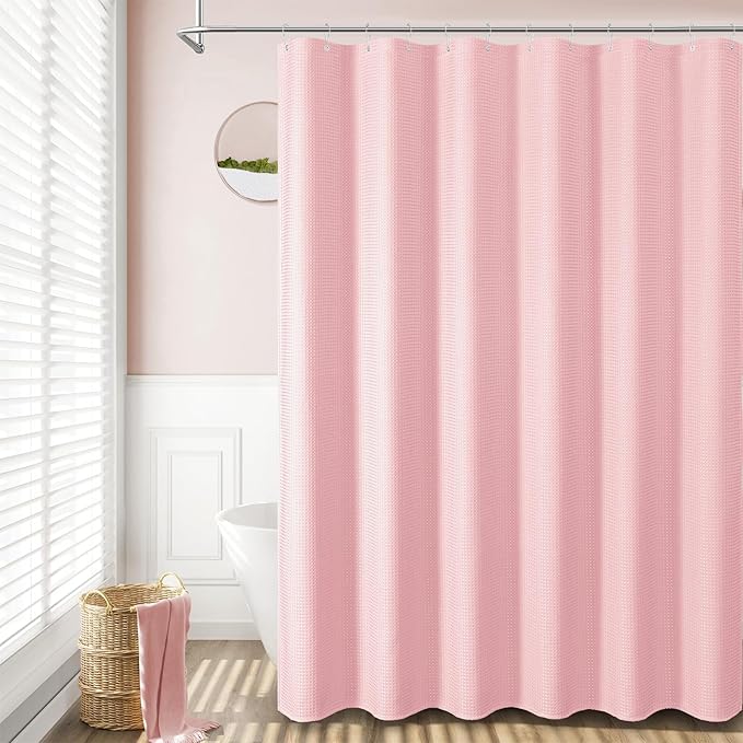 Dynamene Stall Fabric Shower Curtain - 54x78 inch Long Waffle Weave Weighted Thick Cloth Shower Curtains for Bathroom,Heavy Duty Hotel Spa Luxury Bath Curtain Set with 10 Plastic Hooks, Pink