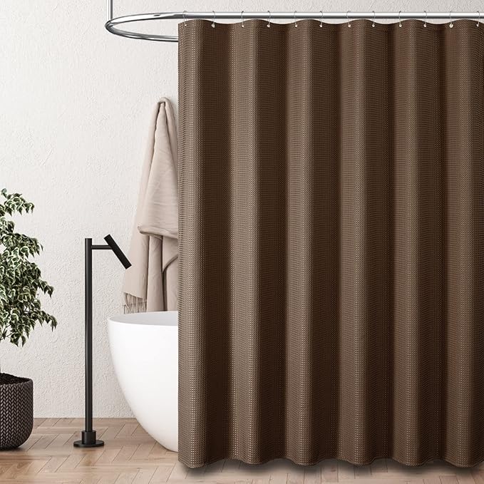 Dynamene Extra Long Shower Curtain - 84 Inch Long Brown Waffle Weave Heavy Duty Fabric Bathroom Shower Curtain, Neutral Weighted Hotel Thick Bath Curtain Set with 12 Plastic Hooks,72x84, Brown