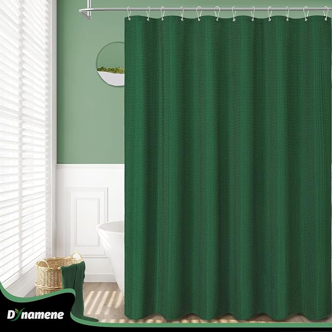 Dynamene 60 inch Stall Shower Curtain - Waffle Weave Heavy Duty Thick Fabric Shower Curtains for Bathroom,Weighted Hotel Spa Luxury Cloth Bath Curtain Set with 10 Plastic Hooks,60x72, Dark Green