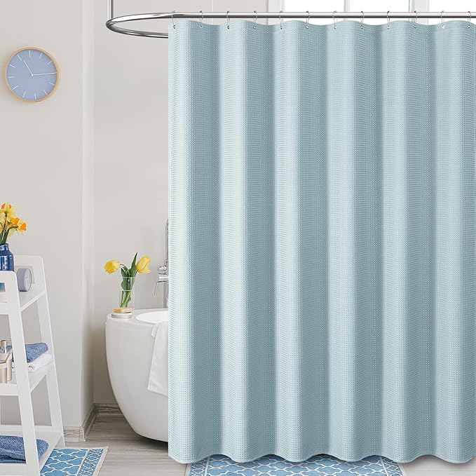 Dynamene Extra Long Shower Curtain - 96 Inch Long Waffle Weave Weighted Thick Cloth Bathroom Shower Curtain, Neutral Heavy Duty Hotel Bath Curtain Set with 12 Plastic Hooks,72x96, Fog Blue