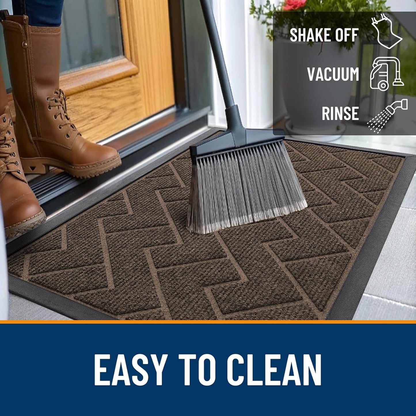 OLANLY Front Door Mat Indoor Outdoor Entrance, Waterproof All-Season, All-Weather Doormat, Sturdy Natural Rubber, Low Profile, Easy Clean Patio Porch Entryway Mat, Herringbone Brick (Brown, 59x23)