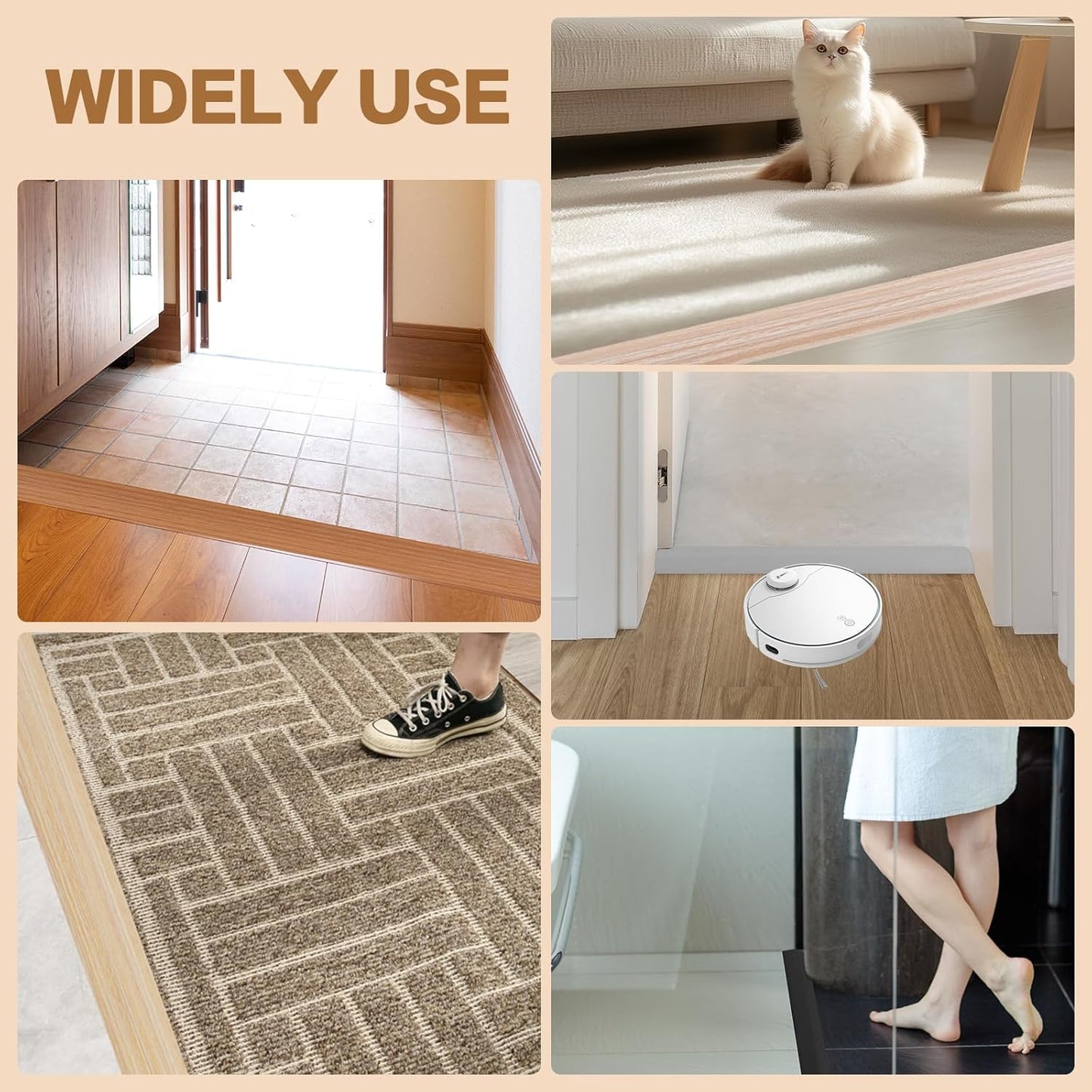 Floor Transition Strip Vinyl Door Threshold Ramp Self Adhesive Carpet Edging Strip Doorway Edge Trim, Overlap Edge Reducer for Laminate Carpet, Floor, Tile (Orange Oak, 2/5" to 3/5", 6.6Ft)
