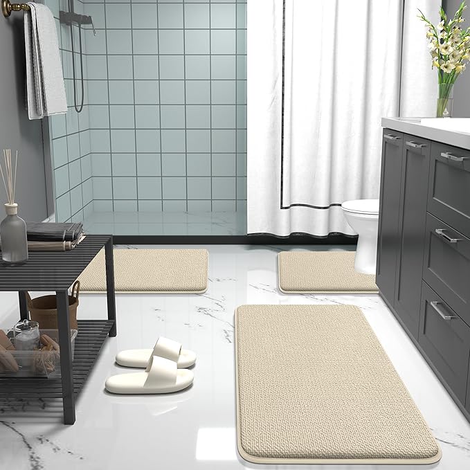 OLANLY Thick Memory Foam Bath Mat Rug 24x16, Extra Soft Absorbent Bathroom Rug, Quick Dry Bath Mats, Non-Slip, Machine Washable Carpet for Bathroom, Tub and Shower, Home Decor Accessories, Sand