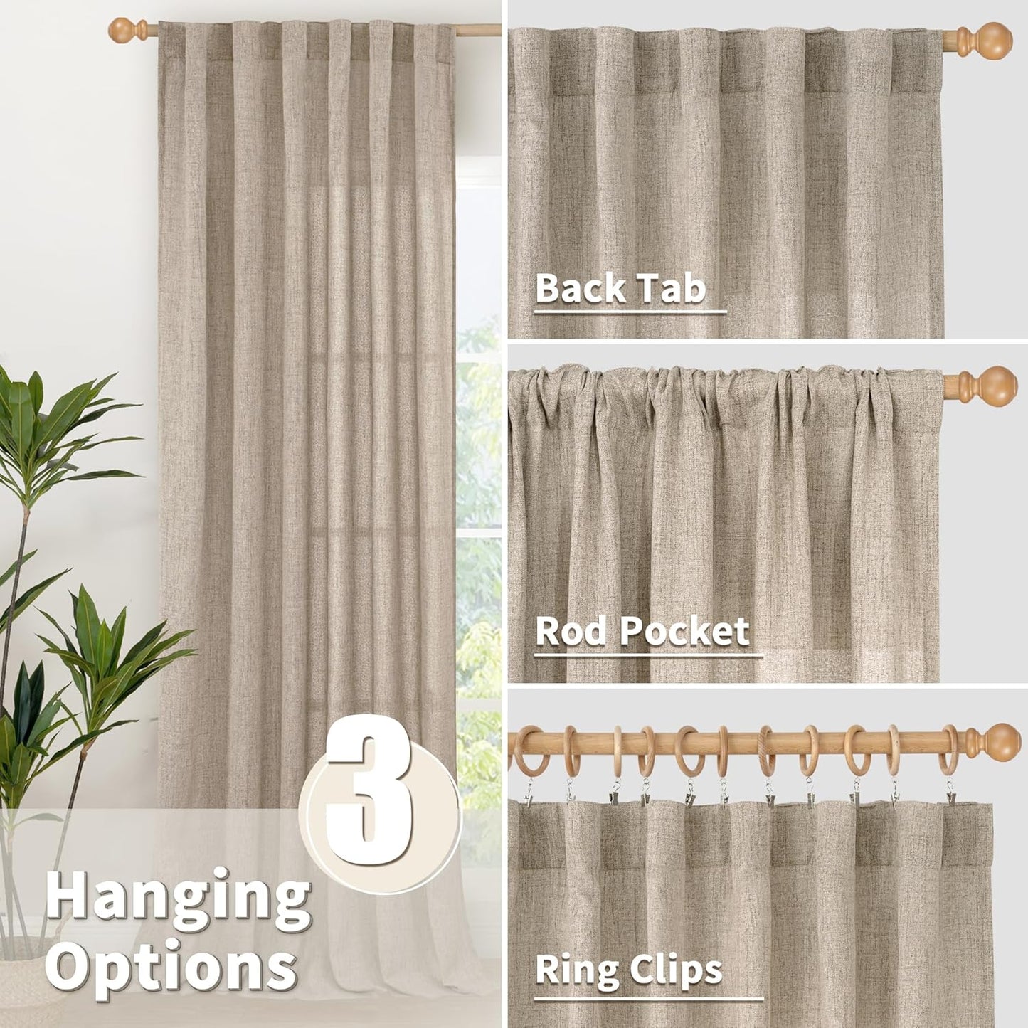 YoungsTex Dark Oatmeal Linen Curtains 63 Inch Length for Living Room, Semi Sheer Light Filtering Window Drapes Extra Wide Rod Pocket Back Tab Curtain for Bedroom, 2 Panels, 60 X 63 Inch