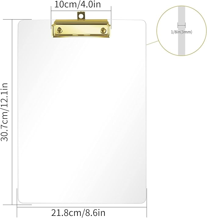 Honagu Acrylic Clear Clipboards, 8.5x11 Plastic Clipboard with Gold Strong Clip Hidden Hanging Hole, A4 Letter Size Clipboards for Nurses, Doctors, Art Student, Teachers,School & Office Supplies, 4PC