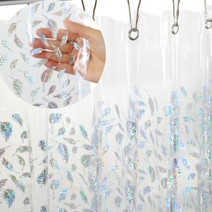 Holographic 3D EVA Shower Curtain Liner Glitter Feather, 72x72 Premium Clear Plastic Bathroom Shower Curtain with Rustproof Metal Grommets for Shower Stall, Bathtubs