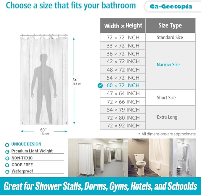 Ga-Geetopia Narrow Size EVA Clear Shower Curtain Liner, Pebble Pattern 60x72 Inch Lightweight Plastic Bathroom Shower Showroom Inner Curtain with Rustproof Metal Grommets and Weighted Magnets