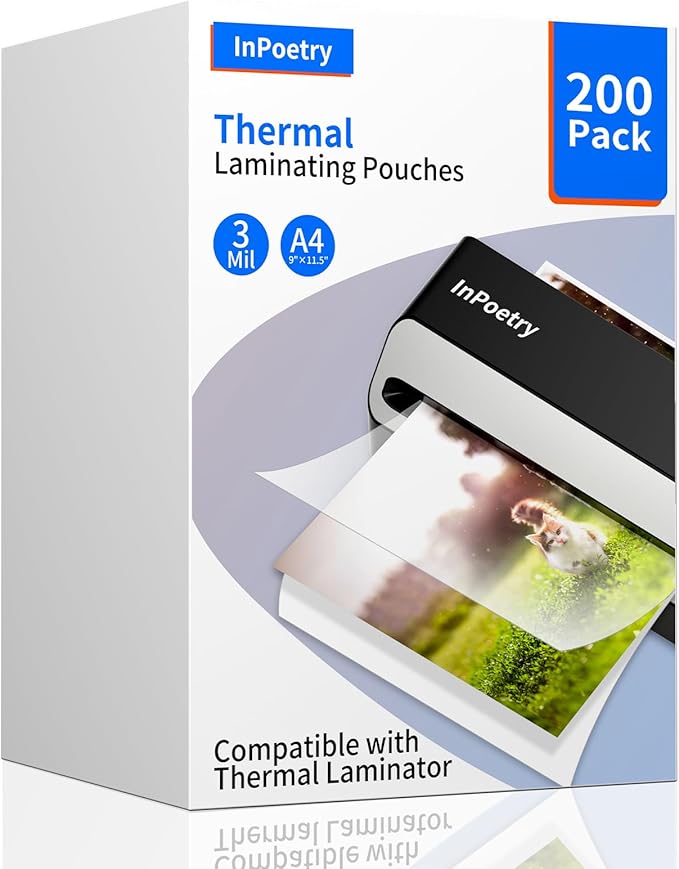 Thermal Laminating Sheets, 9” x 11.5” Laminating Sheets, 3 Mil Thickness Clear Laminating Pouches, Compatible Thermal Laminators, 200 Packs.