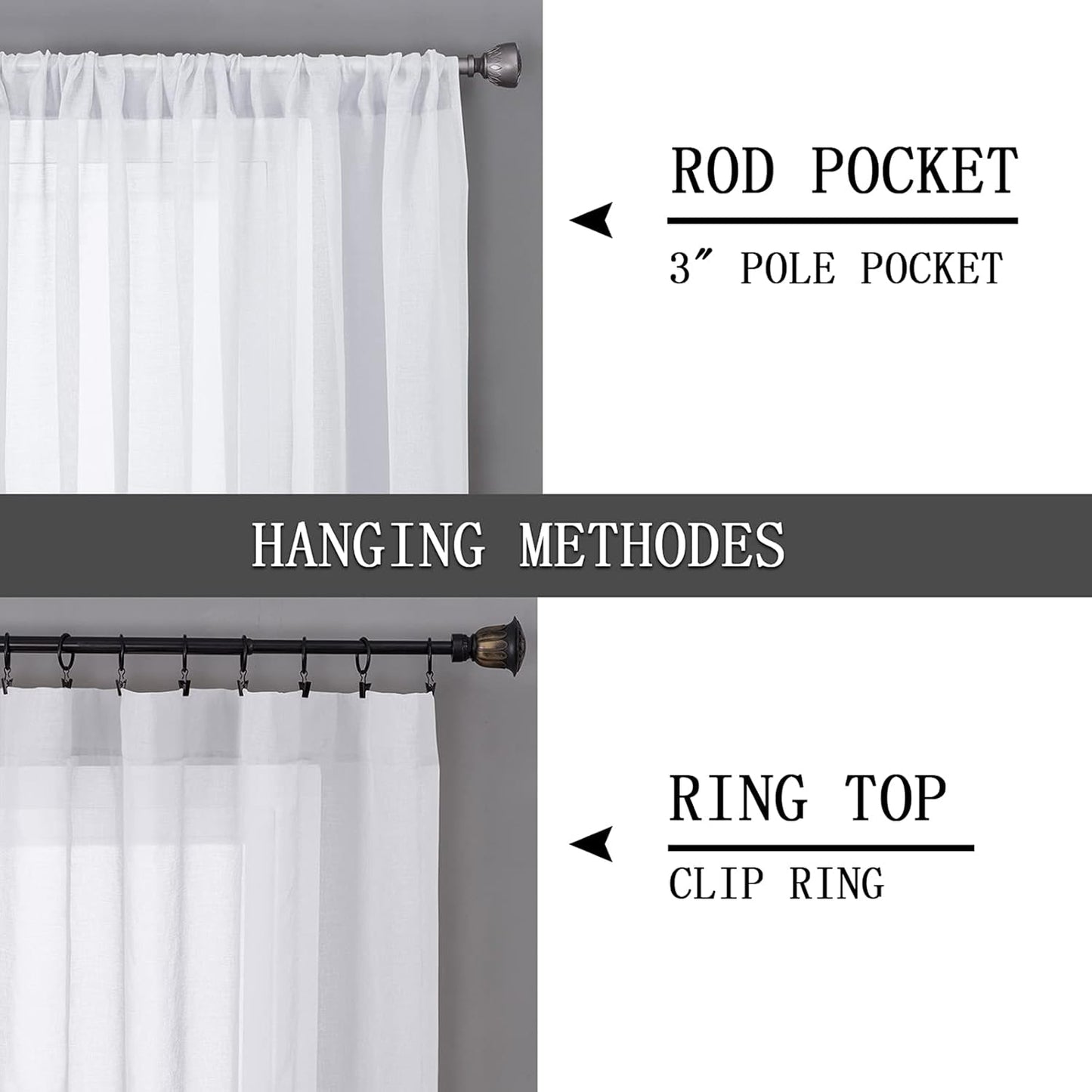 Tollpiz Sheer Curtain Linen Textured Bedroom Curtains Sheer Light Filtering Rod Pocket Voile Curtain for Living Room, 54 x 95 inches Long, White, Set of 2 Panels