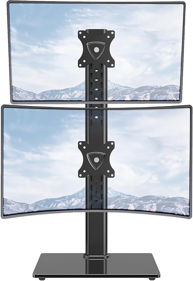 MOUNTUP Vertical Dual Monitor Stand, Stack Two Screens up to 32 inches,33 Lbs, Free-Standing Monitor Desk Mount, Monitor Riser with Swivel, Tilt, Height Adjustable, VESA Stand 100 x 100mm, 75 x 75mm