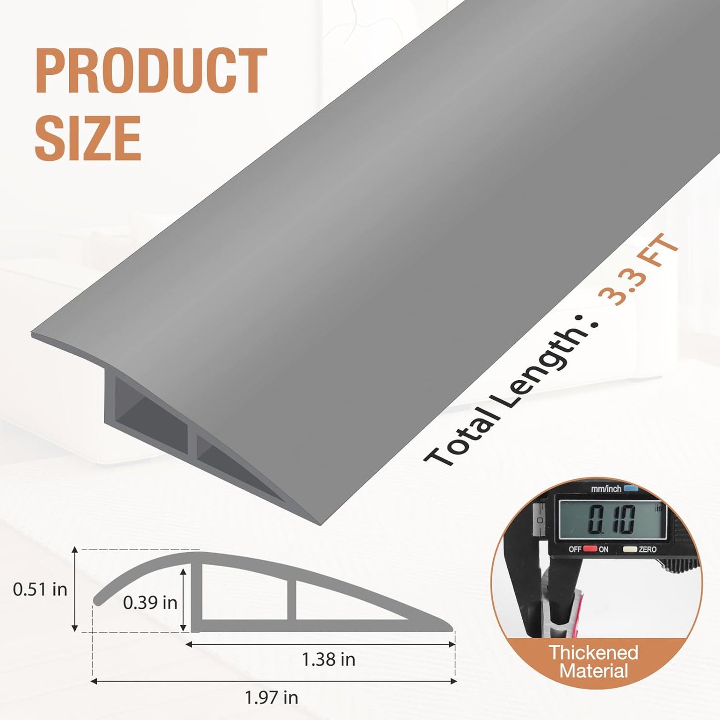 Floor Transition Strip Self Adhesive Vinyl Door Threshold for Doorways Carpet Edging Trim Overlap Edge Reducer for Laminate Floor, Carpet, Tile (Gray, 1/5" to 2/5", 3.3Ft)