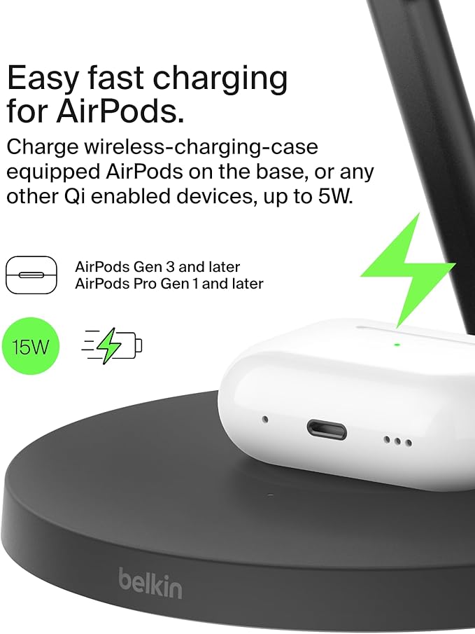 Belkin MagSafe-Compatible Charger, 3-in-1 Wireless Charging Station, Qi2-Certified 15W Wireless Charge for Apple iPhone 17 Series, Apple Watch, AirPods w/Non-Slip Base, 40W Included - Black