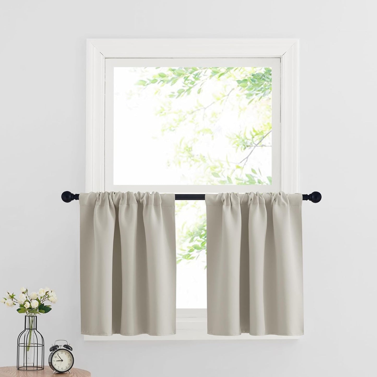 RYB HOME Blackout Short Cafe Curtains, Privacy Light Block Small Window Curtains for Bedroom Kitchen Basement Dining Classroom, W 29 x L 24 inches, Natural, 2 Panels