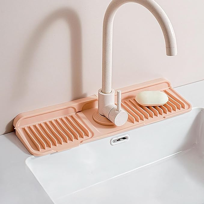 Longer Silicone Faucet Mat for Kitchen Sink – Button Style Faucet Drip Catcher & Leak-Proof Sink Splash Guard with 6° Slope, Behind Faucet Draining Mat,Gadgets for Bathroom (pink, small)