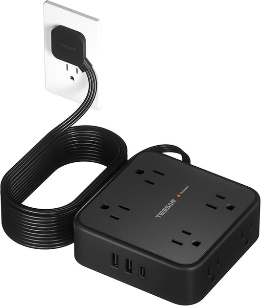 15 FT Extension Cord, TESSAN Ultra Thin Flat Plug Power Strip Surge Protector with 8 Outlets 3 USB Charger(1 USB C), 900J Surge Protection Charging Station for Home Office Dorm Room Essentials, Black