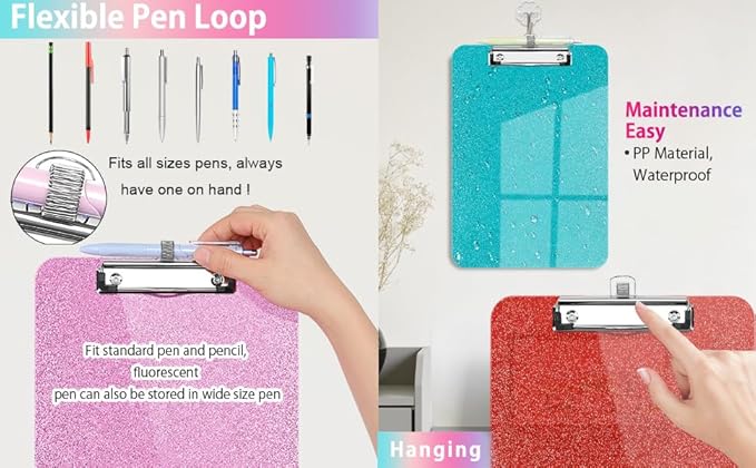 Sparkly Clipboard with Pen Holder, Clear Plastic Glitter Clip Board, Hanging Shiny Clipboards with Low Profile Metal Clip, Letter A4 Size for Taecher Women Office School (Rose Red)