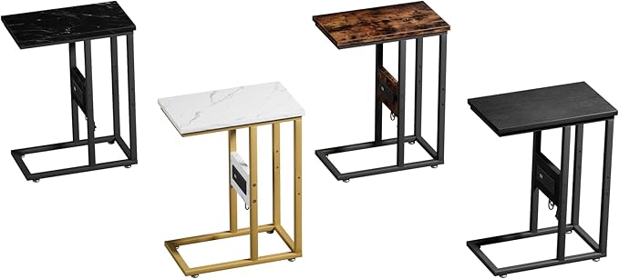 VECELO C Shaped End Table with Charging Station & Power Outlets, Quick Access Side Table for Sofa, C Bedside for Living Room Bedroom 1 Set,Brown