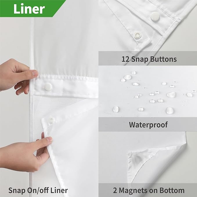 Stall No Hooks Needed White Shower Curtain with Snap-in Fabric Liner Set,Linen Textured Hotel Luxury Decor Shower Curtains for Bathroom with Mesh Top Window,Waterproof & Washable,36Wx74H,