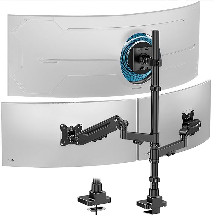 Triple Monitor Mount up to 49 inches, Fully Adjustable Heavy Duty 3 Monitor Arm with Gas Spring, Desk Mount for 3 Screens, C-Clamp & Grommet Base, Holds 44 lbs, Black